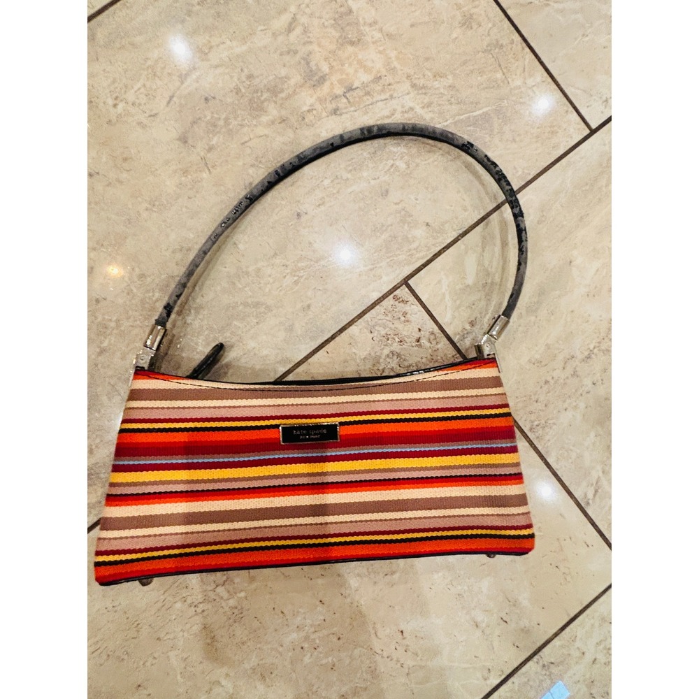 Kate Spade Vintage Y2K Multi Stripe Canvas Baguette Shoulder Bag Black Trim